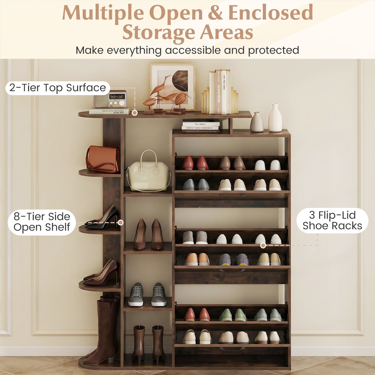 Freestanding Shoe Organizer with 3 Flip Drawers and 8 Adjustable Drawer Shelves-Rustic Brown