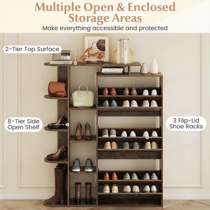 Freestanding Shoe Organizer with 3 Flip Drawers and 8 Adjustable Drawer Shelves-Rustic Brown