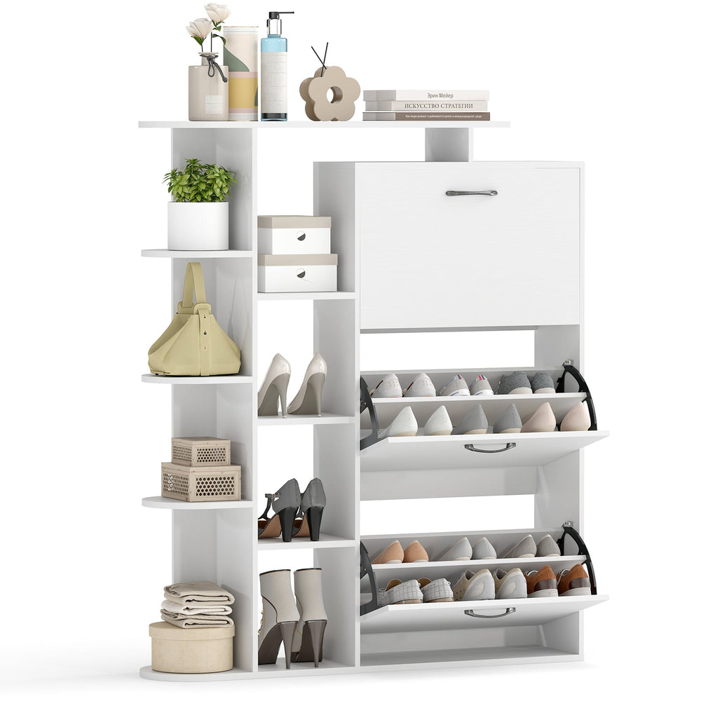 Freestanding Shoe Organizer with 3 Flip Drawers and 8 Adjustable Drawer Shelves-White