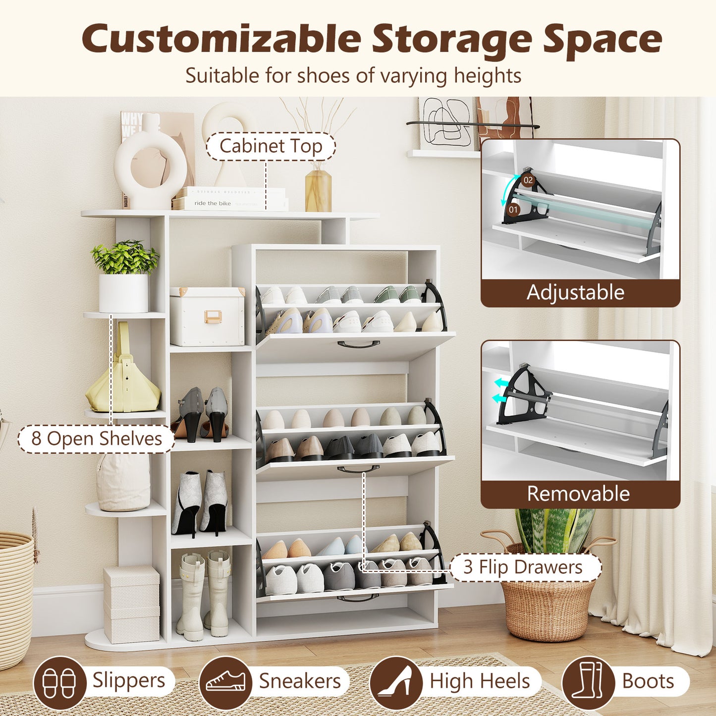 Freestanding Shoe Organizer with 3 Flip Drawers and 8 Adjustable Drawer Shelves-White