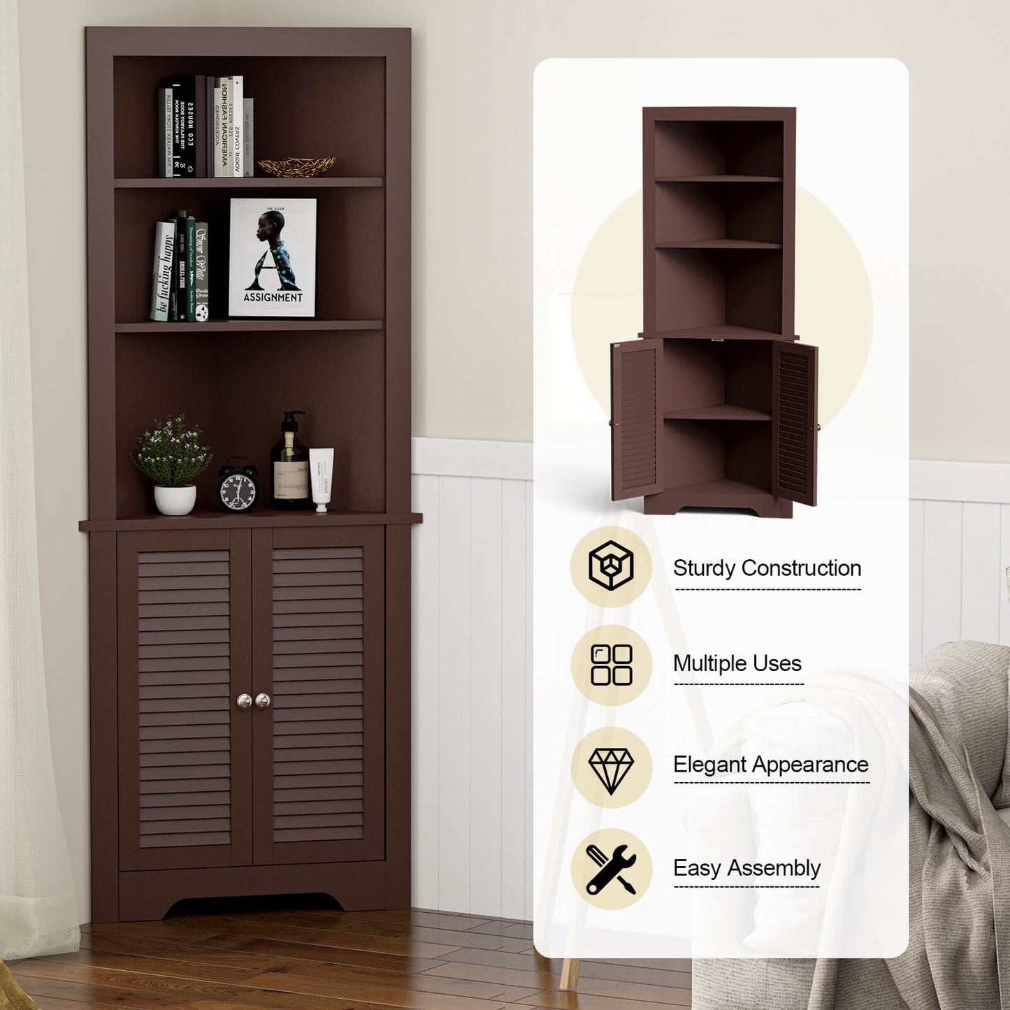Freestanding Bathroom Corner Cabinet with Shutter Doors-Coffee