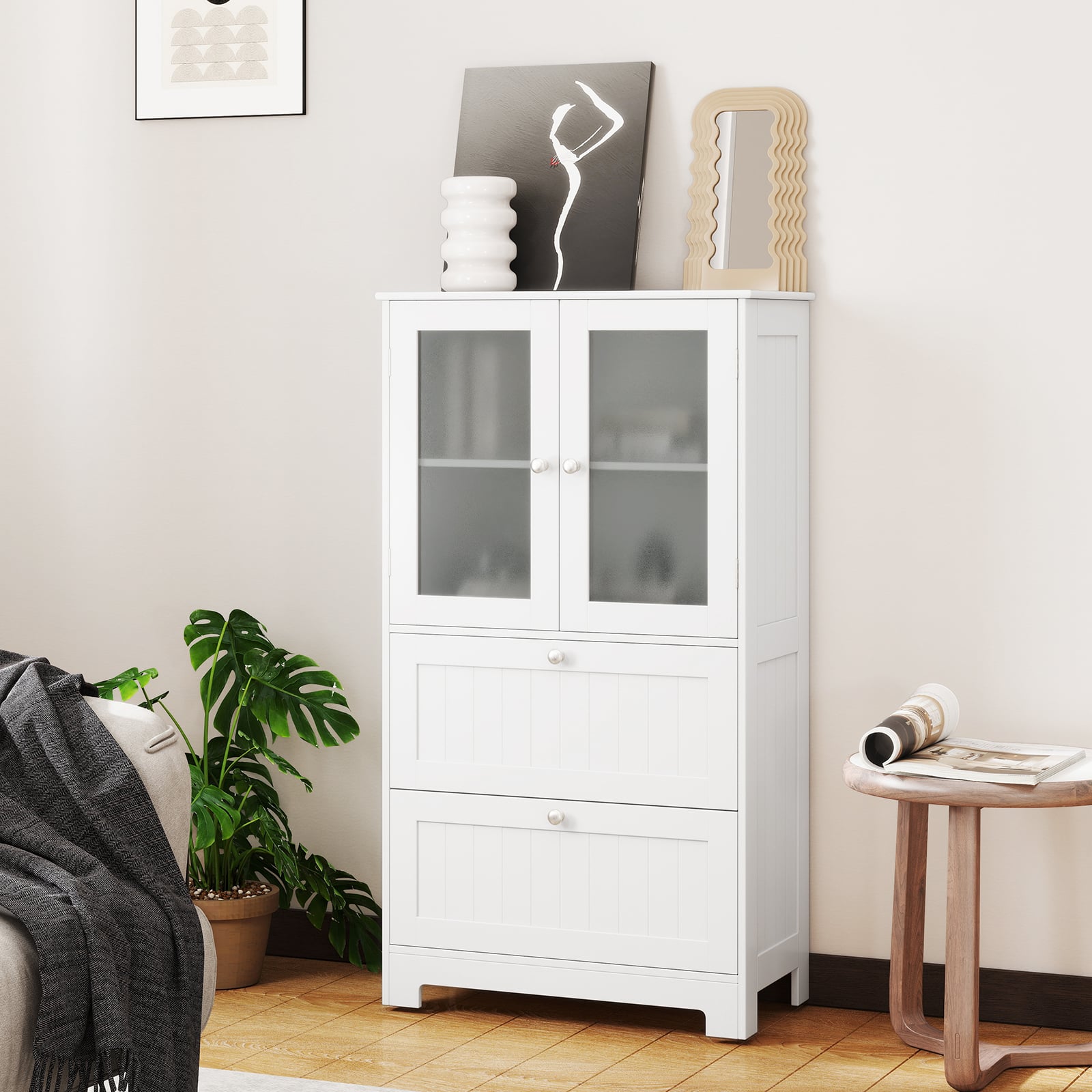 Freestanding Bathroom Storage Cabinet with 2 Frosted Tempered Glass Doors-White