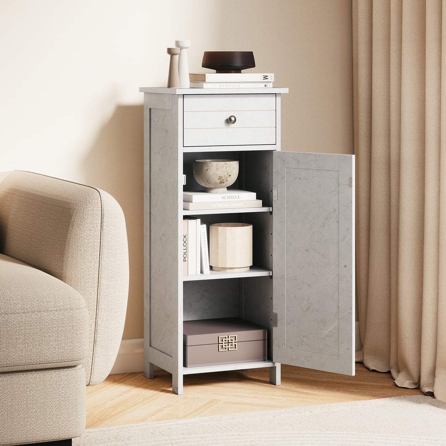 Freestanding Bathroom Storage Cabinet with Door Drawer and Adjustable Shelves-Dark Grey