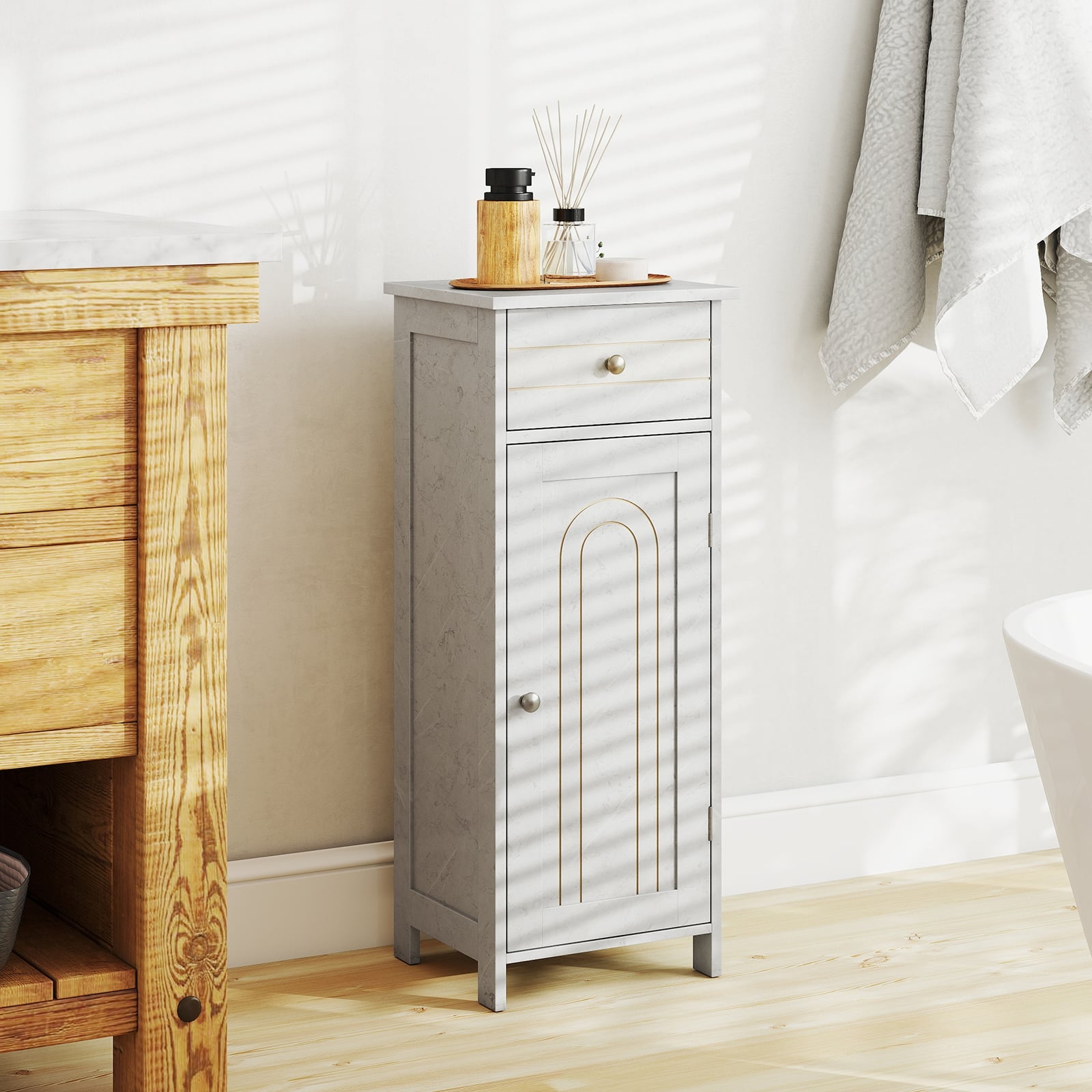 Freestanding Bathroom Storage Cabinet with Door Drawer and Adjustable Shelves-Dark Grey