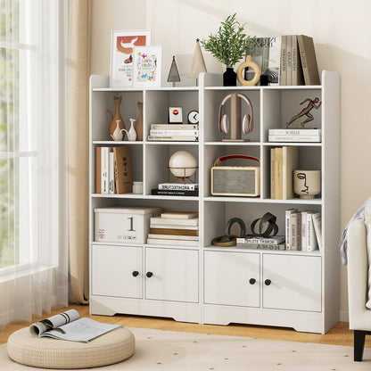 Freestanding Bookcase with 2 Storage Cabinets and 5 Cubbies-White