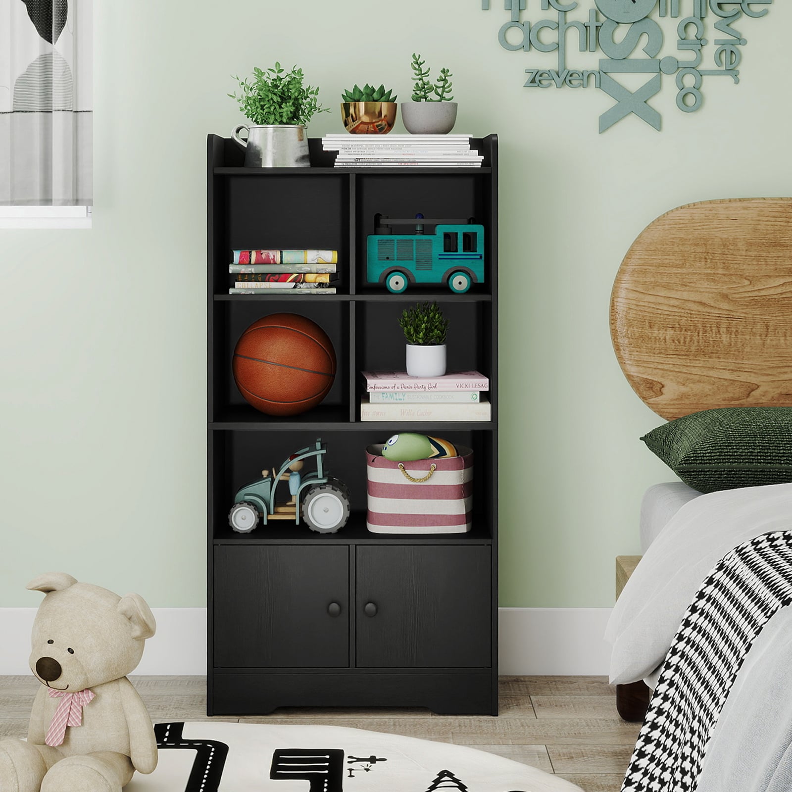 Freestanding Bookcase with 2 Storage Cabinets and 5 Cubbies-Black