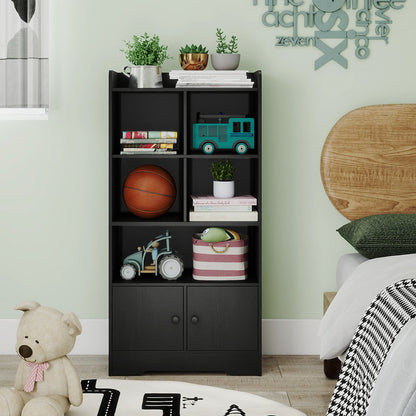 Freestanding Bookcase with 2 Storage Cabinets and 5 Cubbies-Black
