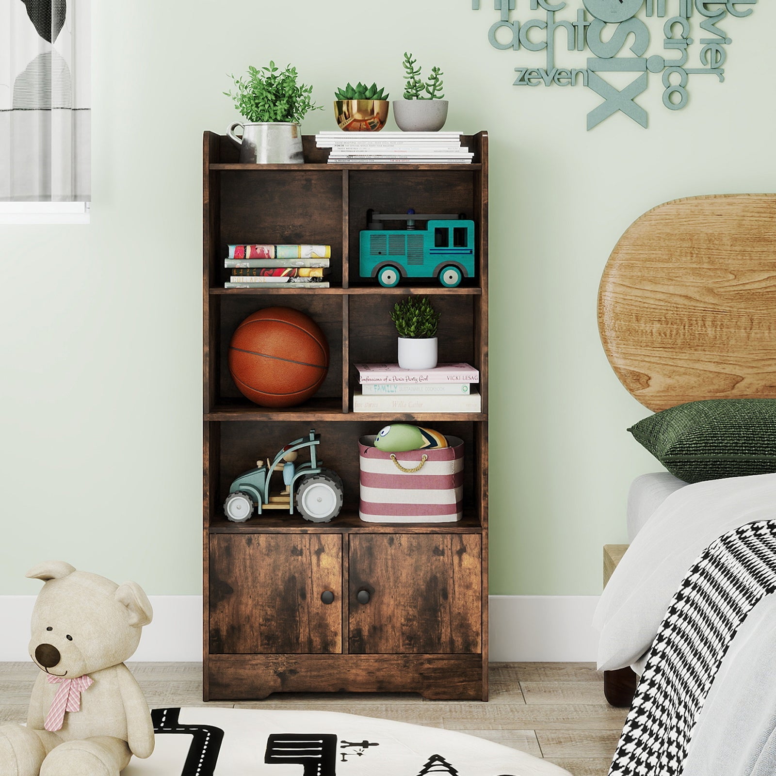 Freestanding Bookcase with 2 Storage Cabinets and 5 Cubbies-Rustic Brown