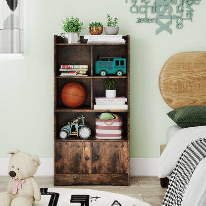 Freestanding Bookcase with 2 Storage Cabinets and 5 Cubbies-Rustic Brown