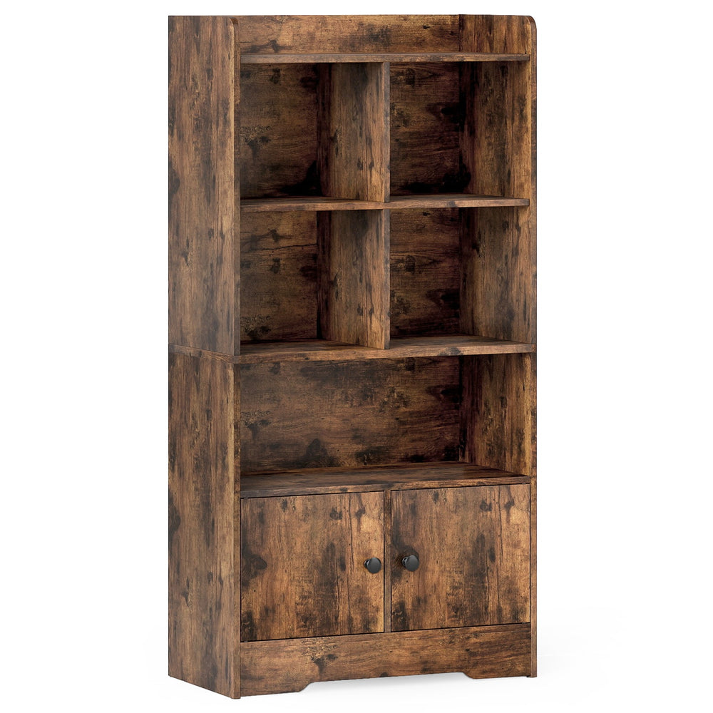 Freestanding Bookcase with 2 Storage Cabinets and 5 Cubbies-Rustic Brown