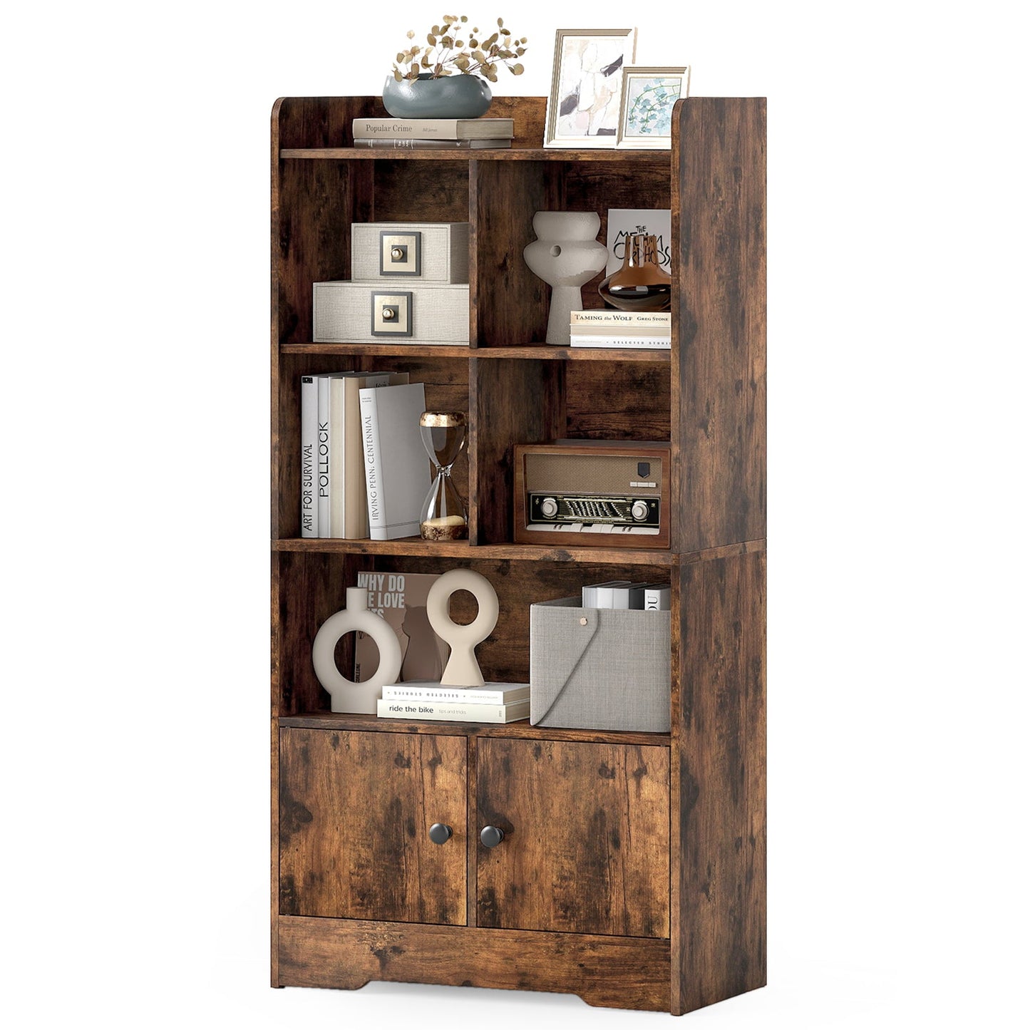Freestanding Bookcase with 2 Storage Cabinets and 5 Cubbies-Rustic Brown