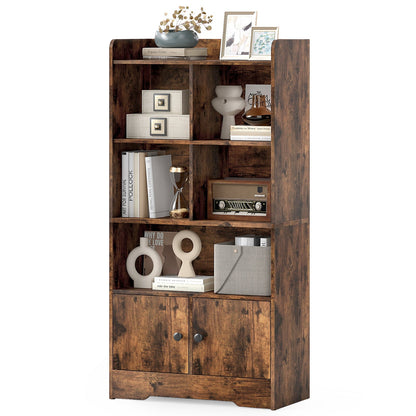 Freestanding Bookcase with 2 Storage Cabinets and 5 Cubbies-Rustic Brown