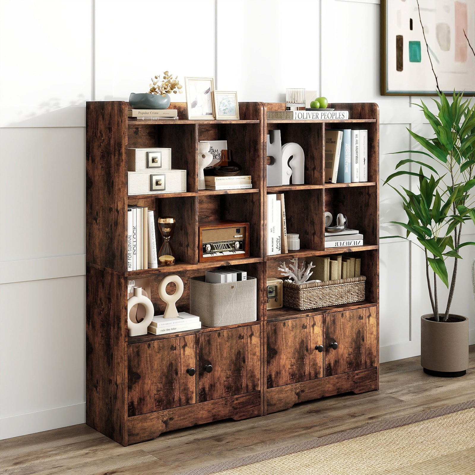 Freestanding Bookcase with 2 Storage Cabinets and 5 Cubbies-Rustic Brown