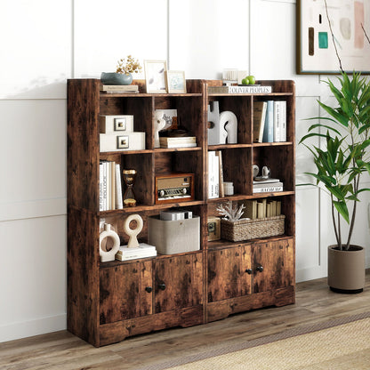 Freestanding Bookcase with 2 Storage Cabinets and 5 Cubbies-Rustic Brown