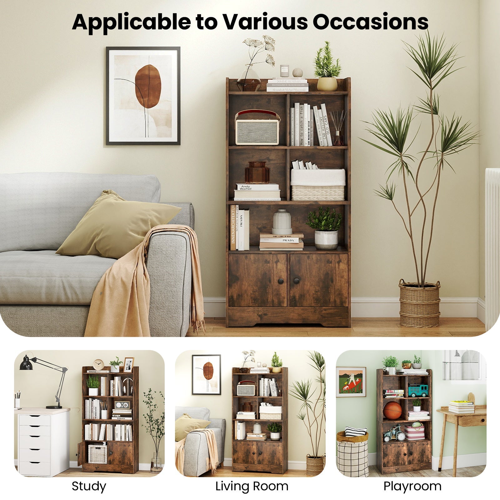 Freestanding Bookcase with 2 Storage Cabinets and 5 Cubbies-Rustic Brown