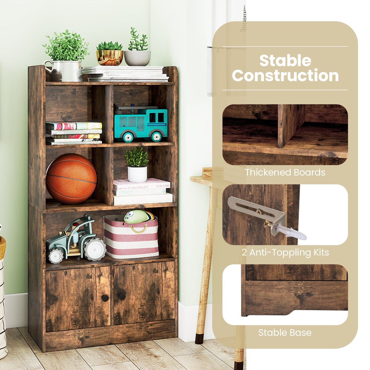 Freestanding Bookcase with 2 Storage Cabinets and 5 Cubbies-Rustic Brown