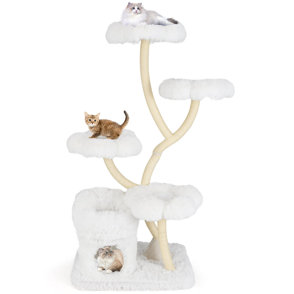 Tall Cat Tree with 4 Flower-shaped Platforms and Sisal Scratching Posts-White