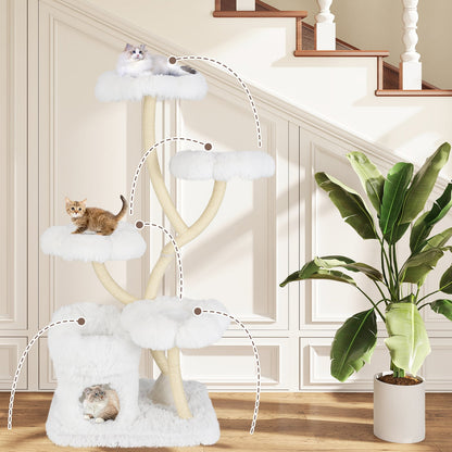Tall Cat Tree with 4 Flower-shaped Platforms and Sisal Scratching Posts-White
