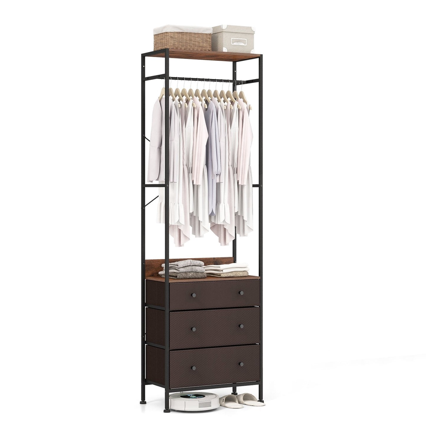 Freestanding Closet Organizer Clothes Rack with Drawers-Rustic Brown