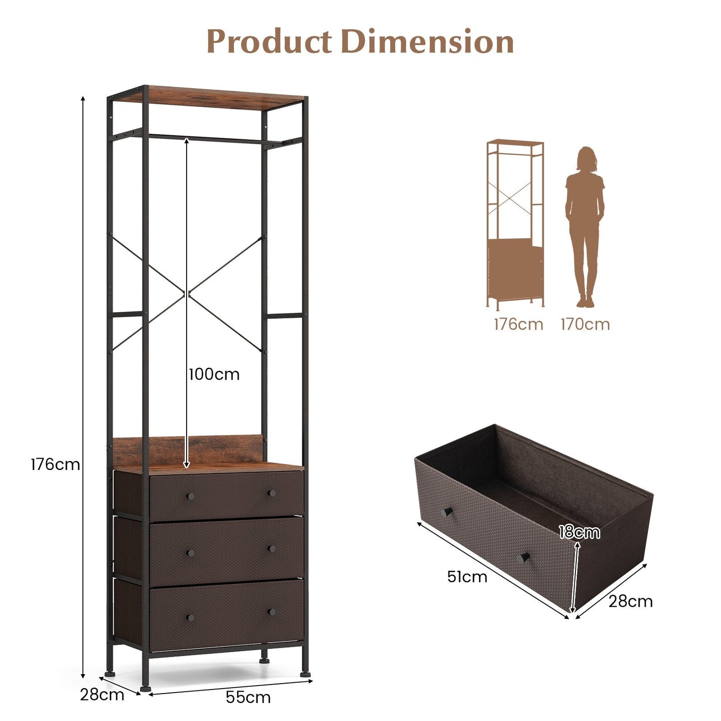 Freestanding Closet Organizer Clothes Rack with Drawers-Rustic Brown