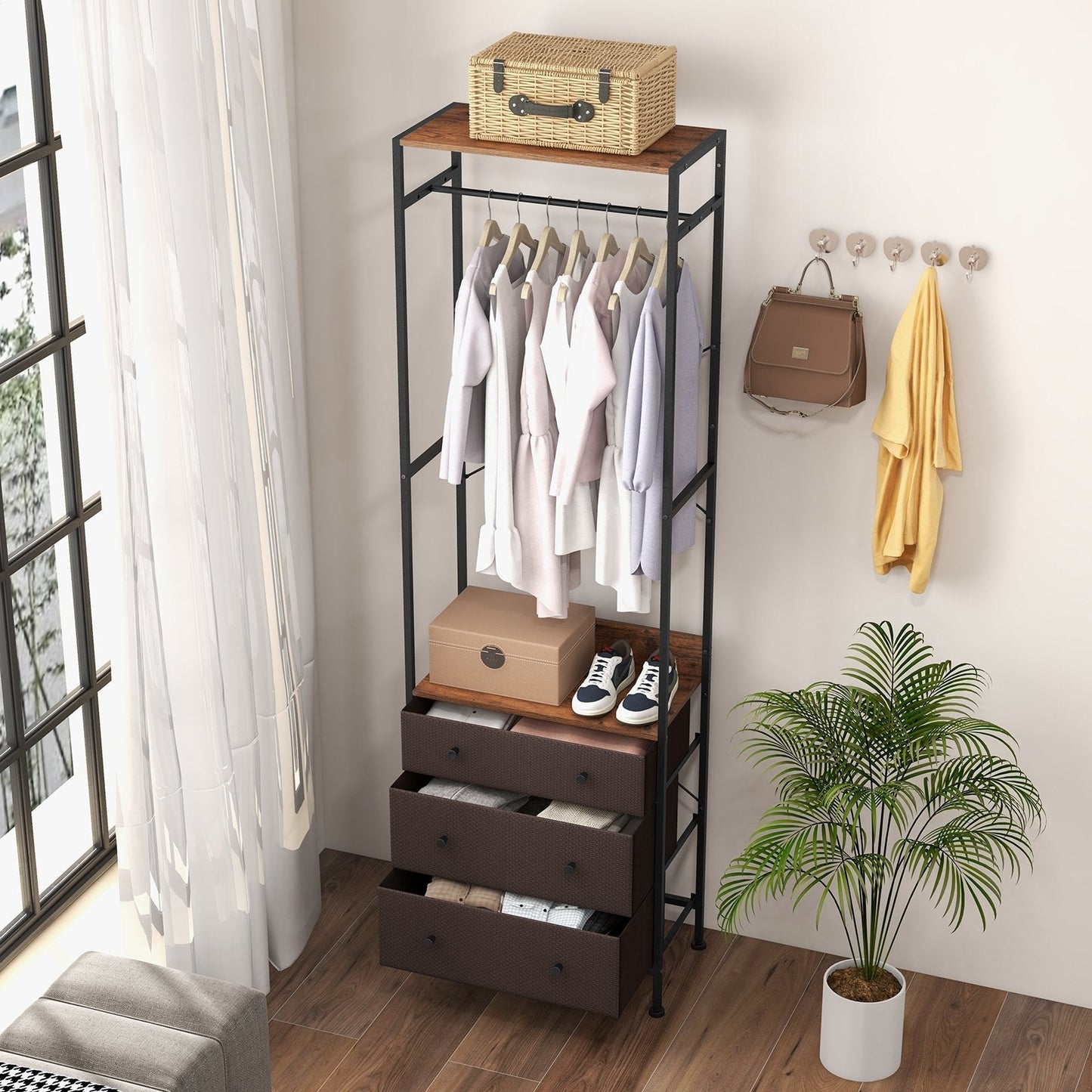 Freestanding Closet Organizer Clothes Rack with Drawers-Rustic Brown