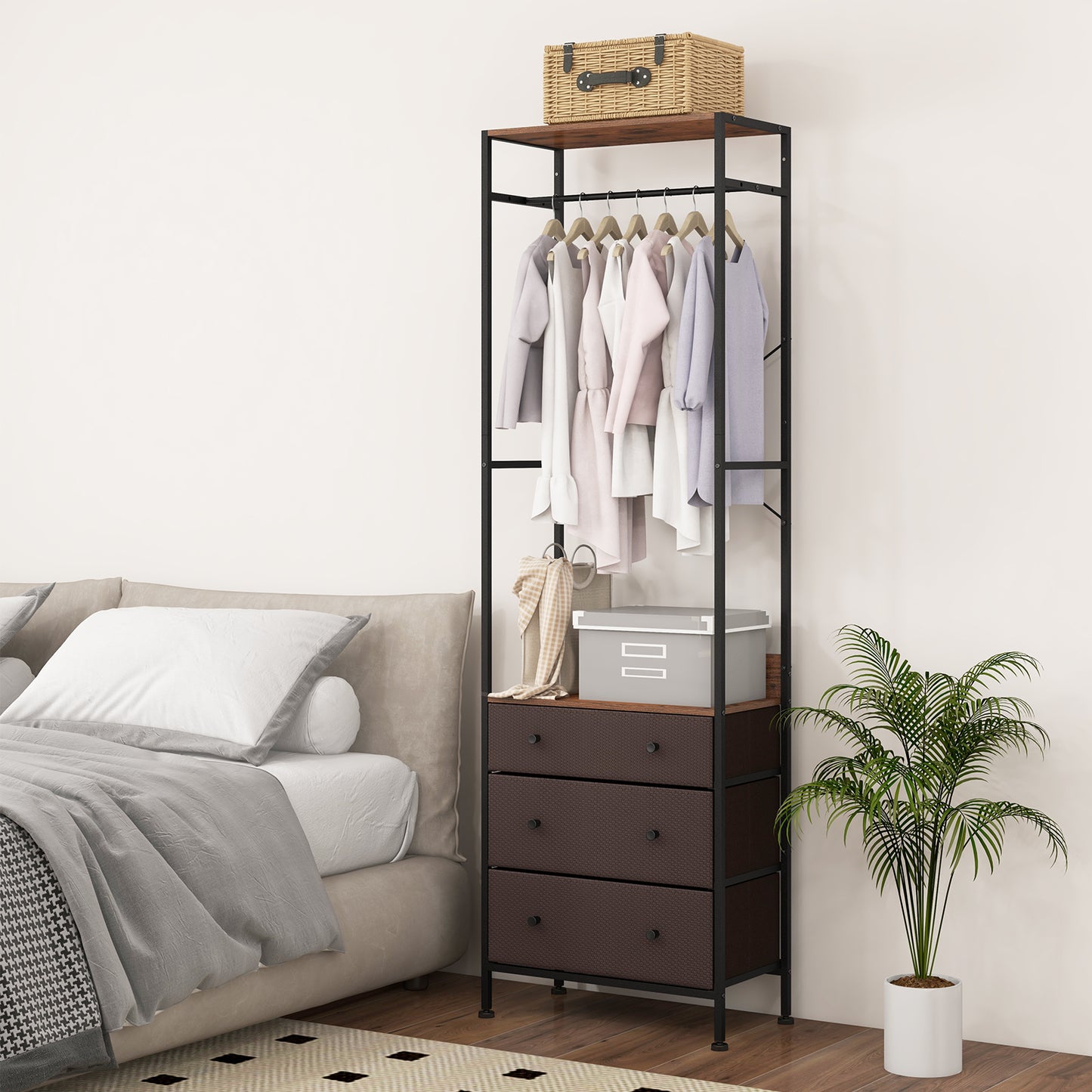 Freestanding Closet Organizer Clothes Rack with Drawers-Rustic Brown