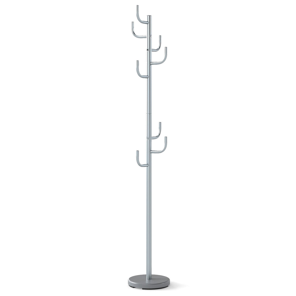 Freestanding Coat Rack with 8 L-Shaped Hooks and 2 Adjustable Heights-Silver