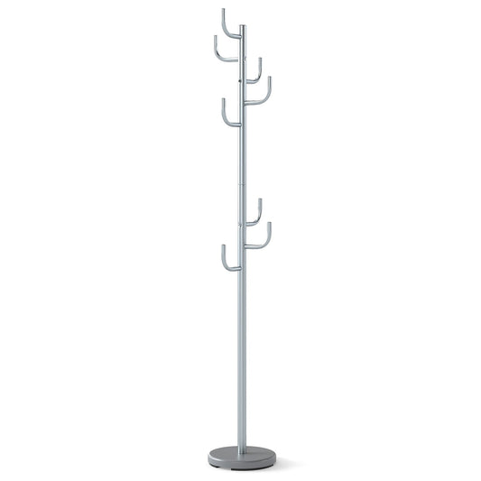 Freestanding Coat Rack with 8 L-Shaped Hooks and 2 Adjustable Heights-Silver