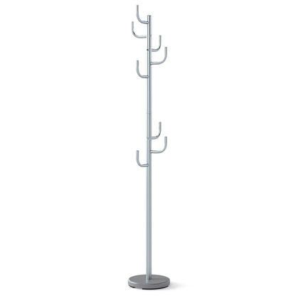 Freestanding Coat Rack with 8 L-Shaped Hooks and 2 Adjustable Heights-Silver
