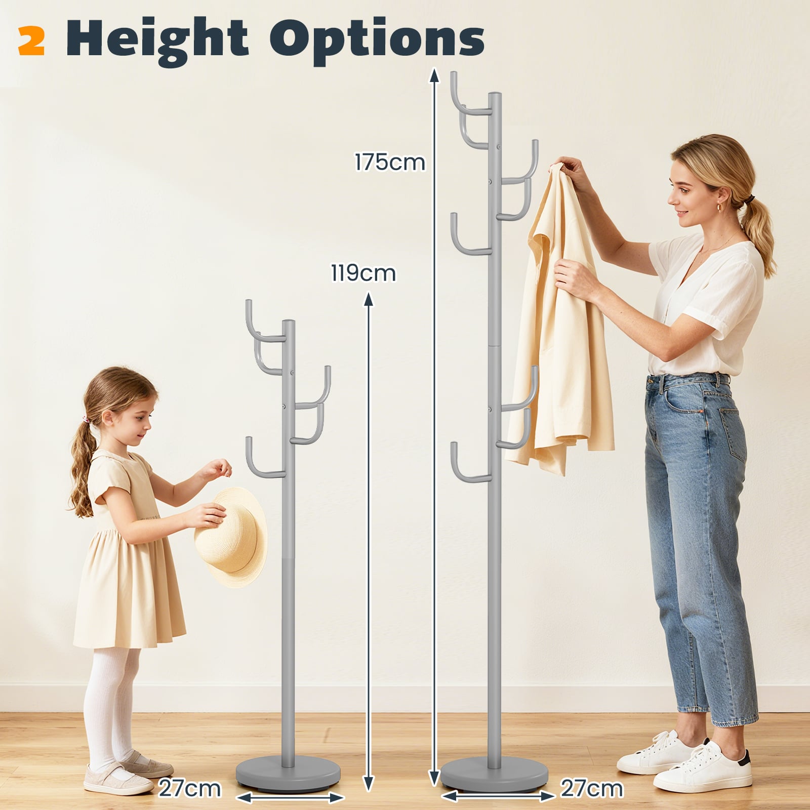 Freestanding Coat Rack with 8 L-Shaped Hooks and 2 Adjustable Heights-Silver