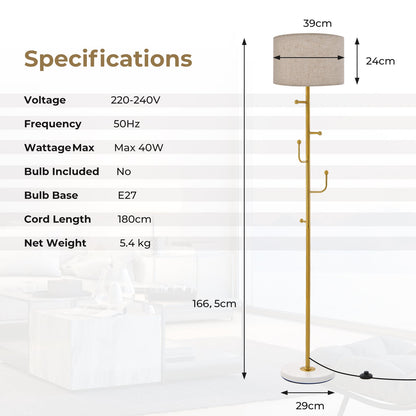 Freestanding Floor Lamp with Coat Rack and Foot Switch