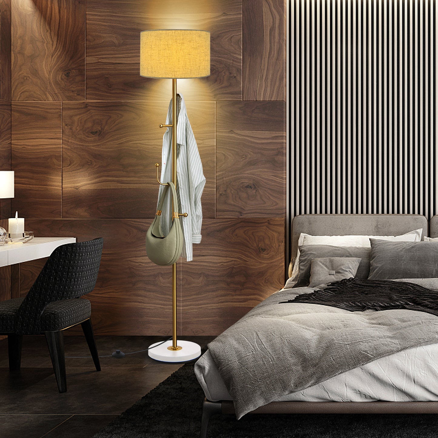 Freestanding Floor Lamp with Coat Rack and Foot Switch