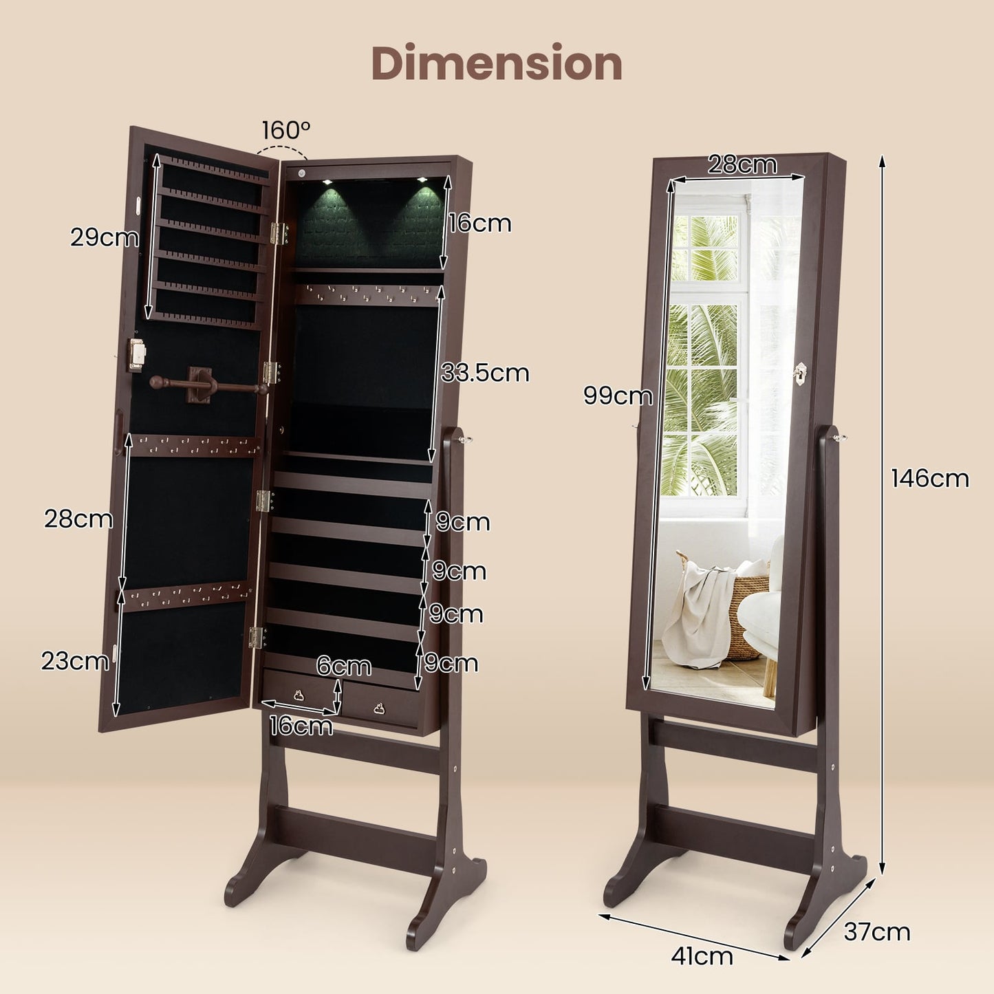 Freestanding Jewelry Armoire Cabinet with Inner LED Lights and 4 Adjustable Tilt Angles-Brown