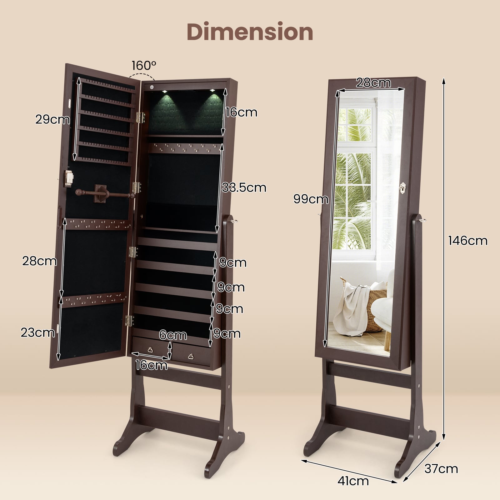 Freestanding Jewelry Armoire Cabinet with Inner LED Lights and 4 Adjustable Tilt Angles-Brown