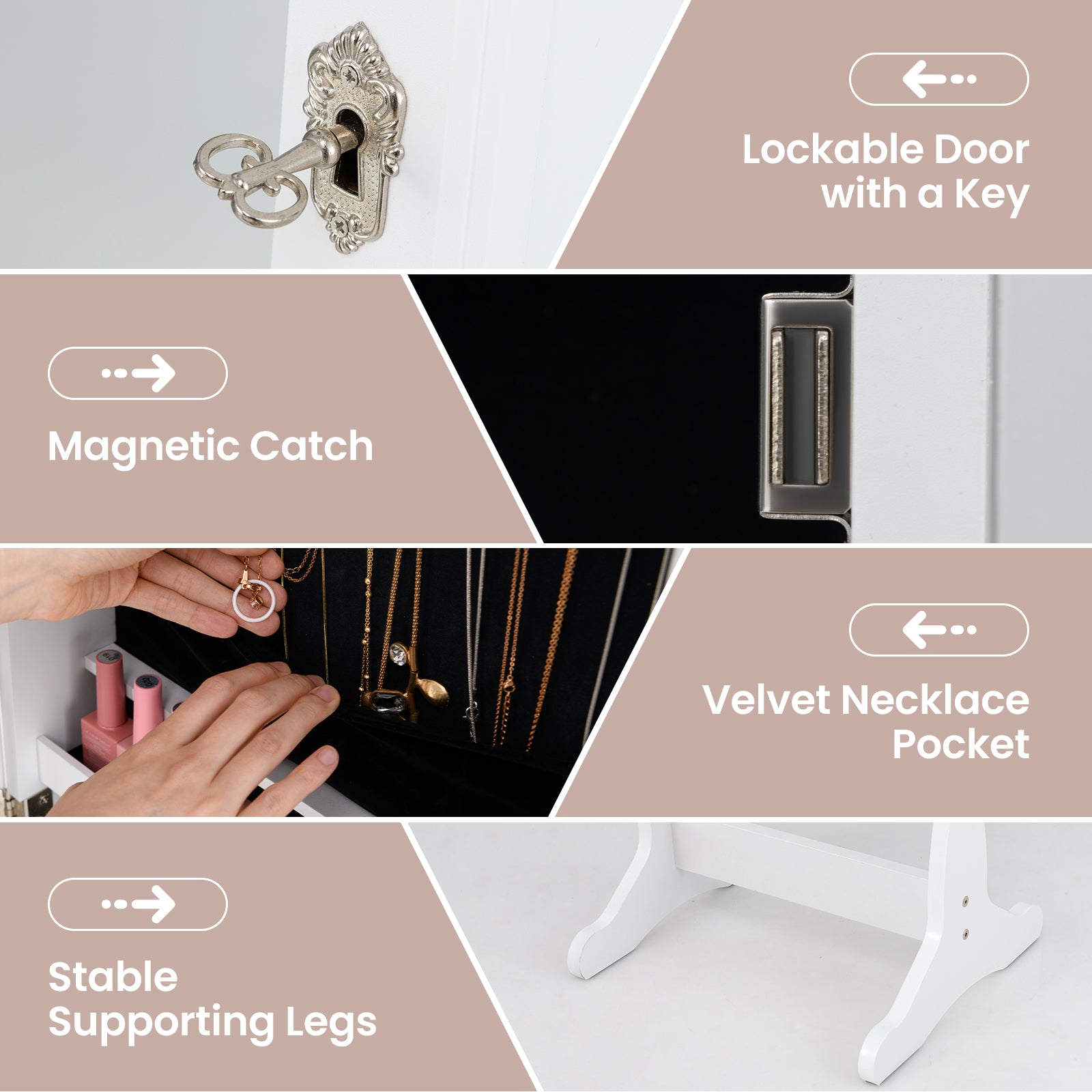 Freestanding Jewelry Armoire Cabinet with Inner LED Lights and 4 Adjustable Tilt Angles-White