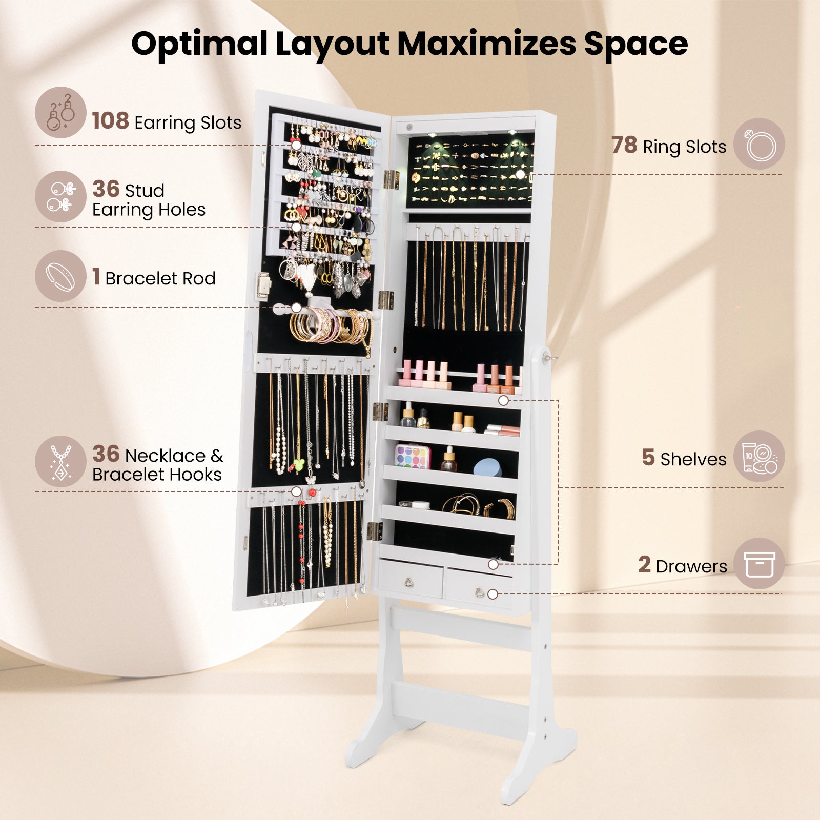 Freestanding Jewelry Armoire Cabinet with Inner LED Lights and 4 Adjustable Tilt Angles-White