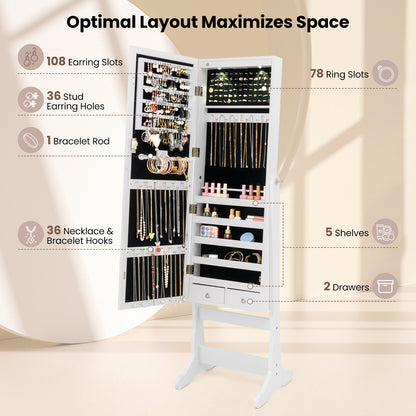 Freestanding Jewelry Armoire Cabinet with Inner LED Lights and 4 Adjustable Tilt Angles-White
