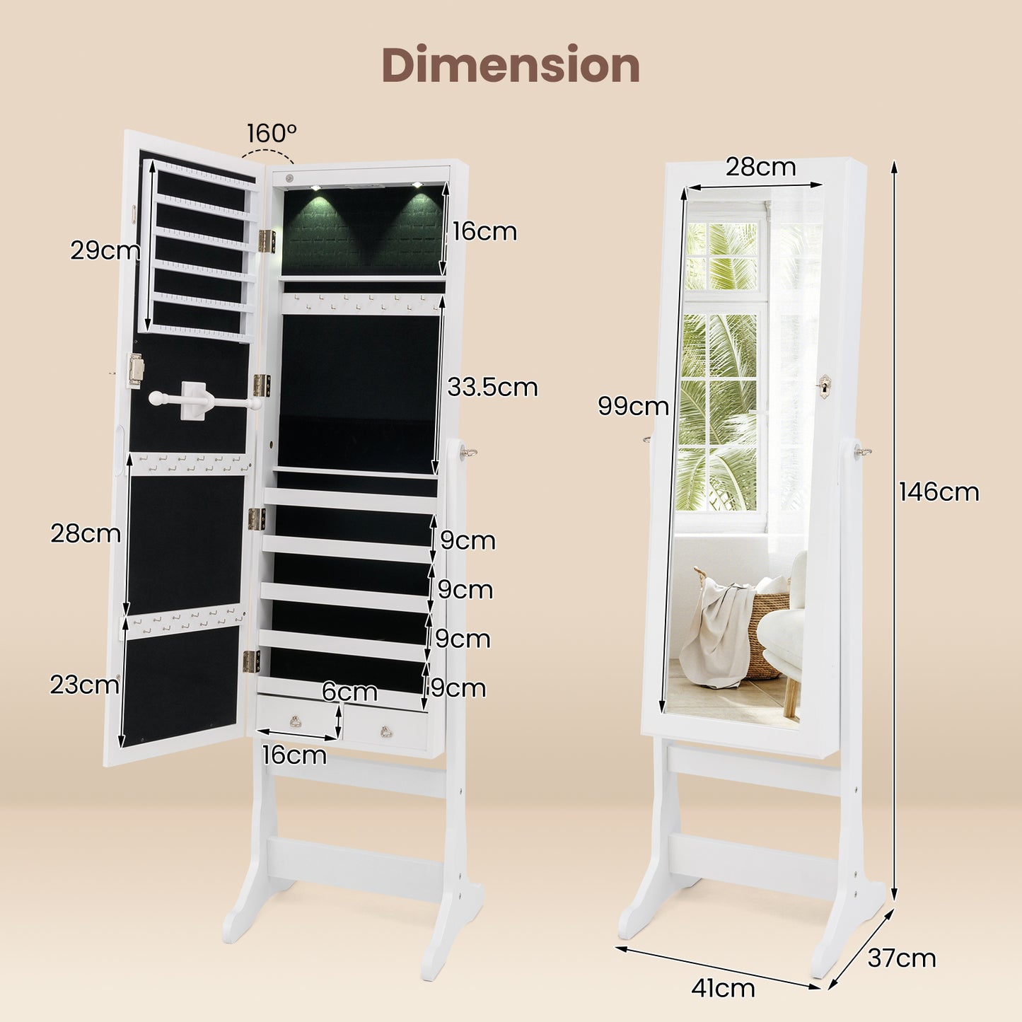 Freestanding Jewelry Armoire Cabinet with Inner LED Lights and 4 Adjustable Tilt Angles-White