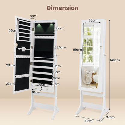 Freestanding Jewelry Armoire Cabinet with Inner LED Lights and 4 Adjustable Tilt Angles-White