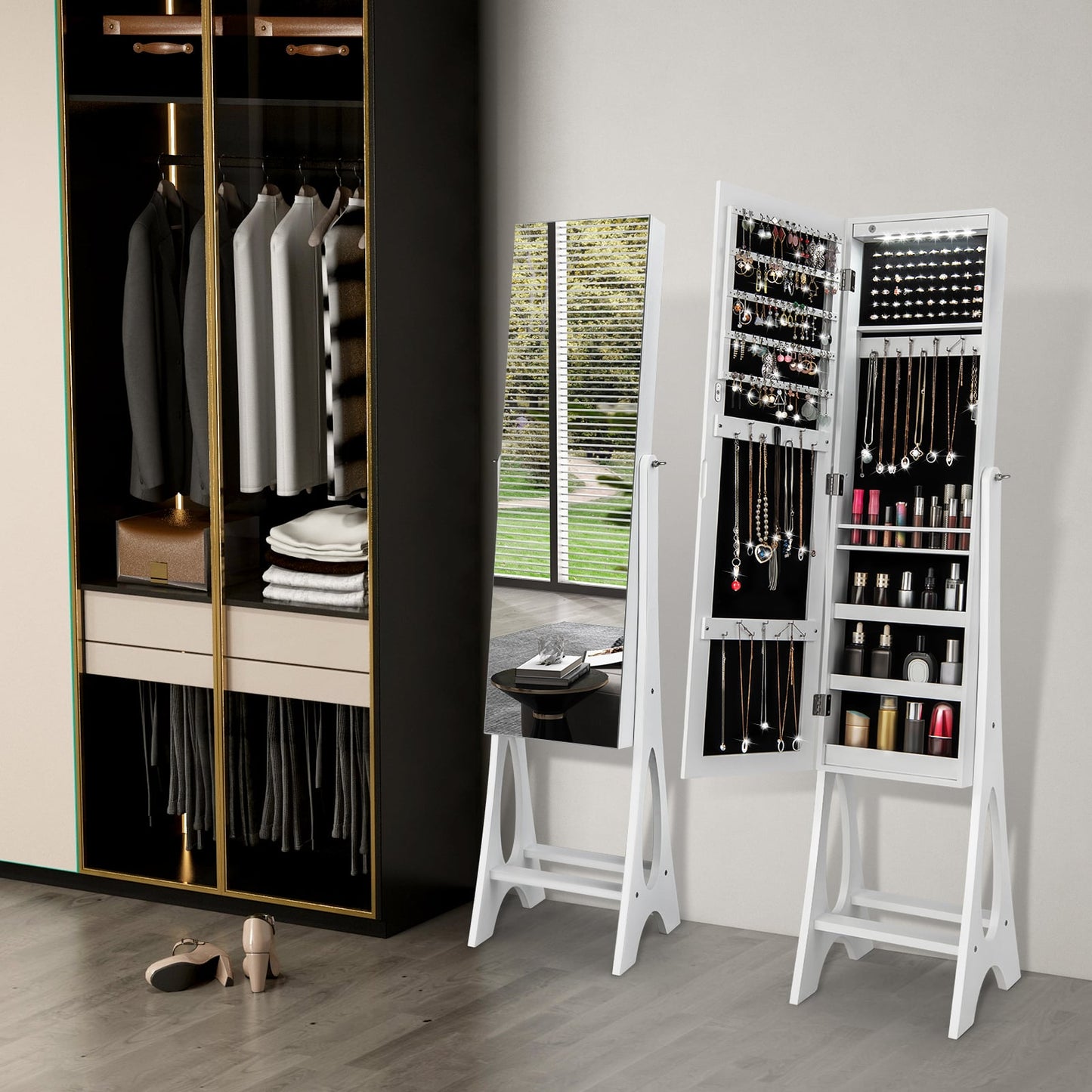 Freestanding Mirror Jewelry Cabinet with Full Length Frameless Mirror-White