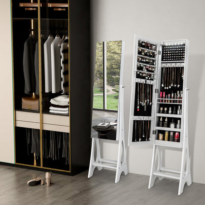 Freestanding Mirror Jewelry Cabinet with Full Length Frameless Mirror-White