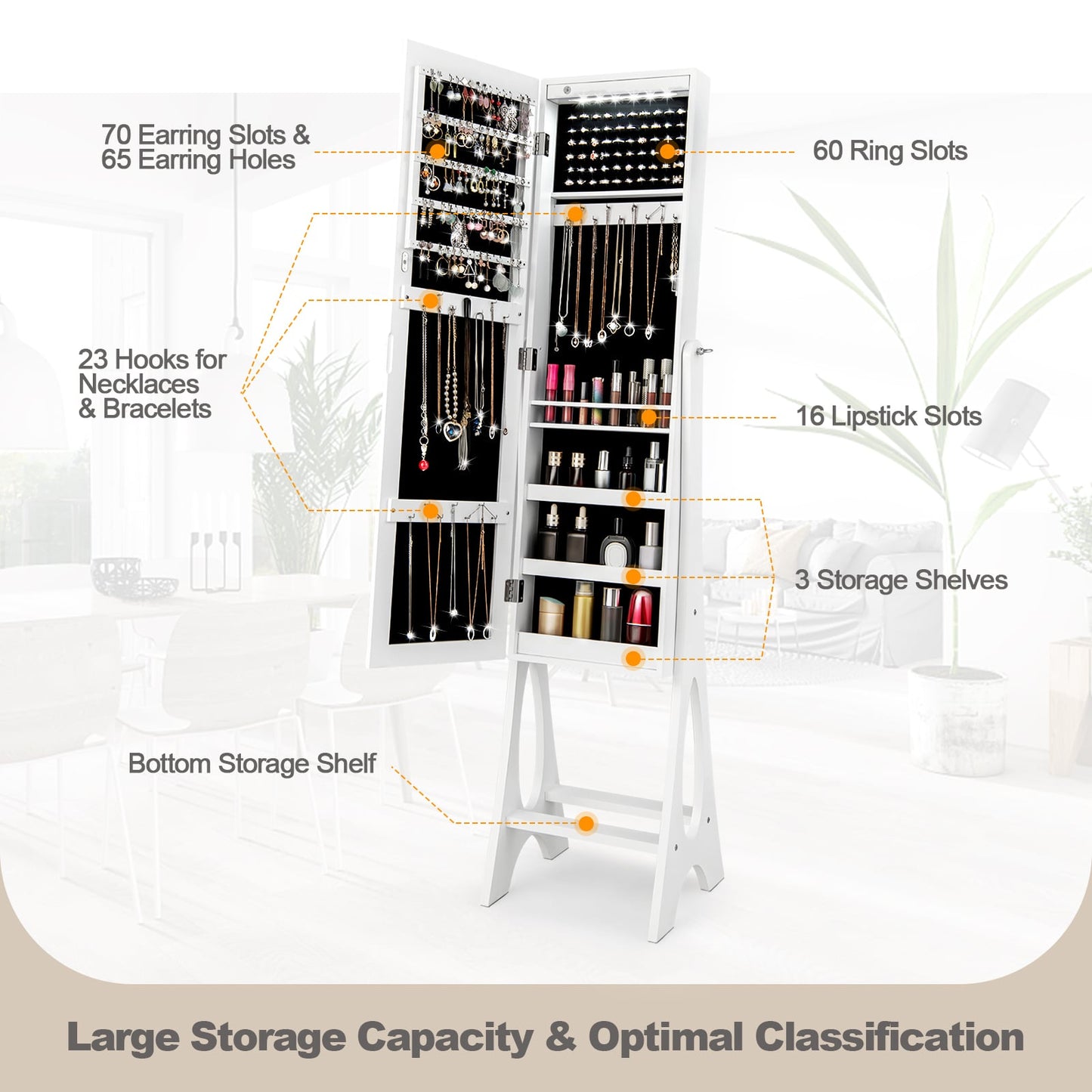 Freestanding Mirror Jewelry Cabinet with Full Length Frameless Mirror-White