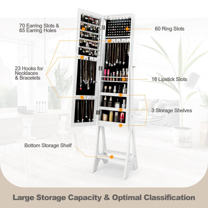 Freestanding Mirror Jewelry Cabinet with Full Length Frameless Mirror-White