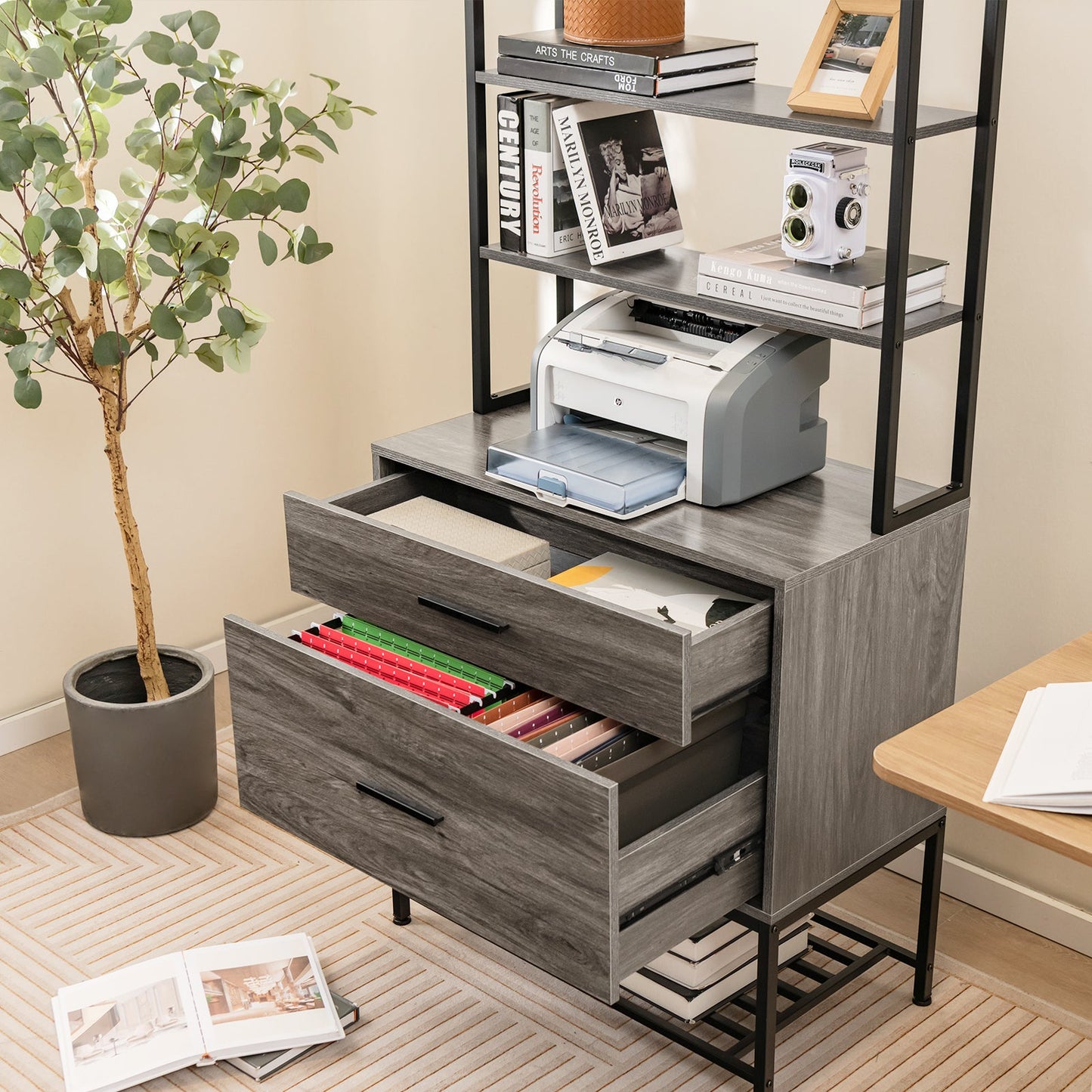 Freestanding Printer Stand with 3-Tier Open Shelves and Large Drawer-Grey