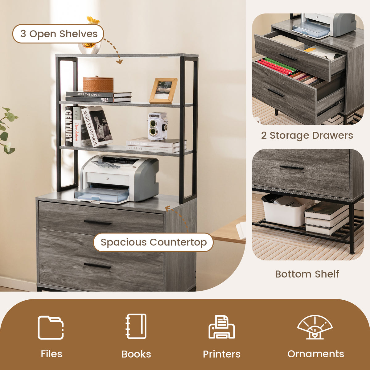 Freestanding Printer Stand with 3-Tier Open Shelves and Large Drawer-Grey