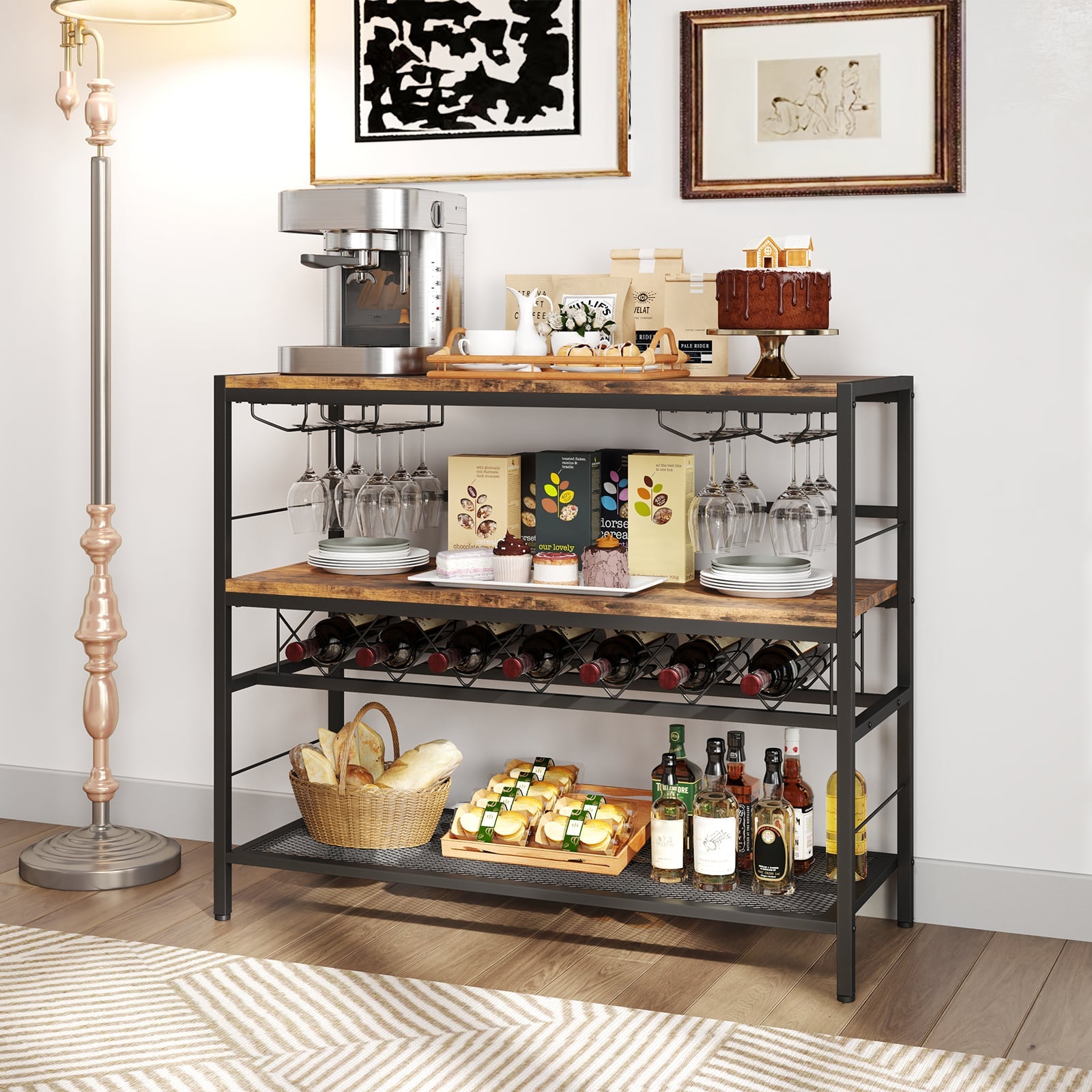 104 CM Wine Rack with 4 Glass Holders-Rustic Brown