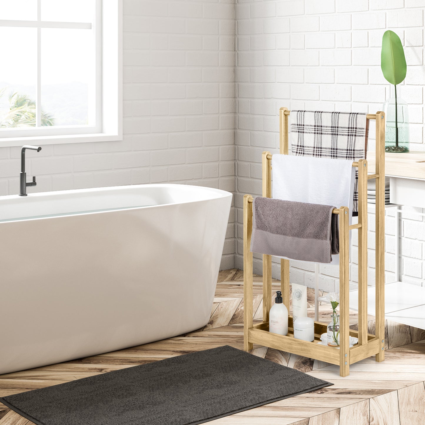 Freestanding Wood Towel Rack with 3 Individual Bars and Bottom Storage Shelf-Natural