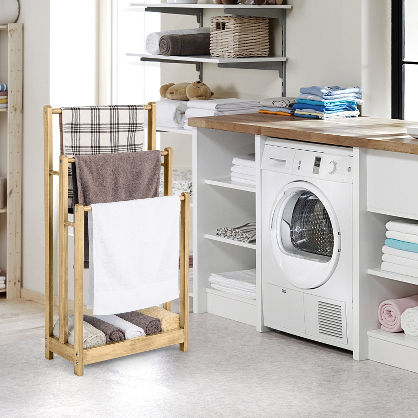 Freestanding Wood Towel Rack with 3 Individual Bars and Bottom Storage Shelf-Natural