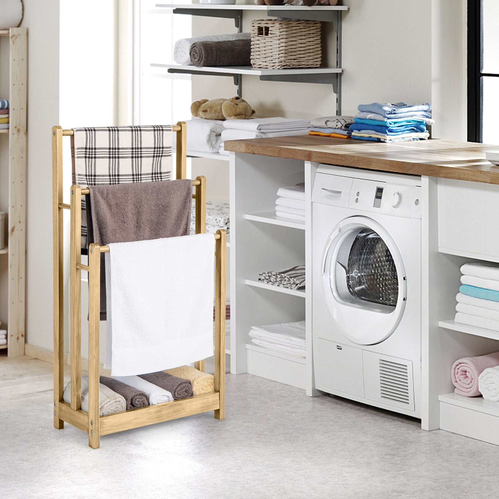 Freestanding Wood Towel Rack with 3 Individual Bars and Bottom Storage Shelf-Natural