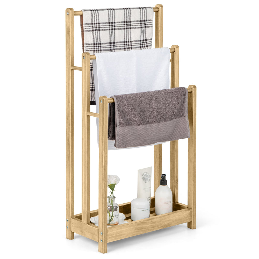 Freestanding Wood Towel Rack with 3 Individual Bars and Bottom Storage Shelf-Natural